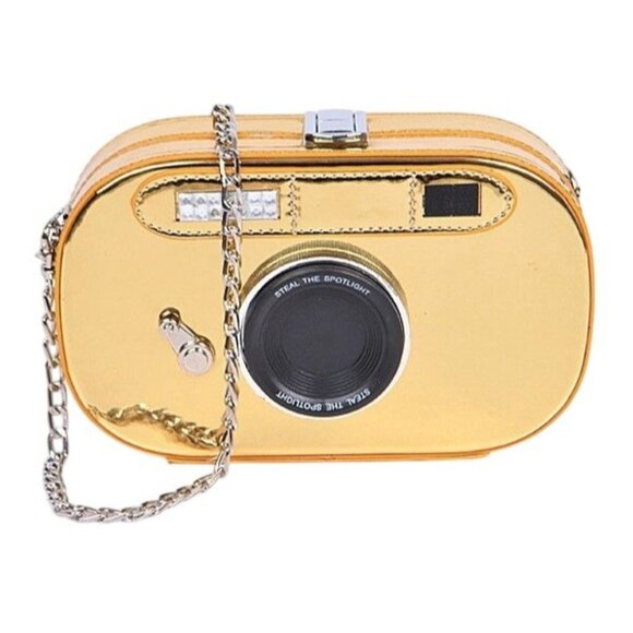 Vintage Camera Iconic Retro Purse Convertible Bag Clutch Crossbody Novelty Gold - Picture 6 of 12